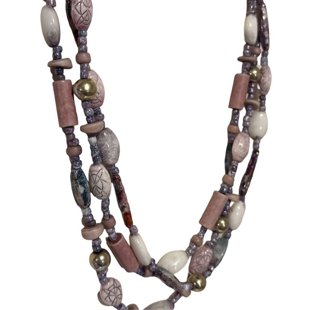 3 Strand Southwestern Beaded Etched Gemstone Purple Pink White Sterling Necklace